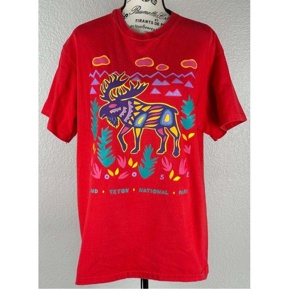 Vintage Moose Unisex Adult 90s Red Abstract Pop Art Animal Nature Tee USA Large - Picture 2 of 10